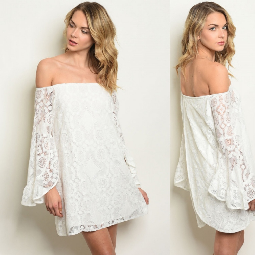 Ivory Off Shoulder Bell Sleeve Dress - Picture 1 of 3